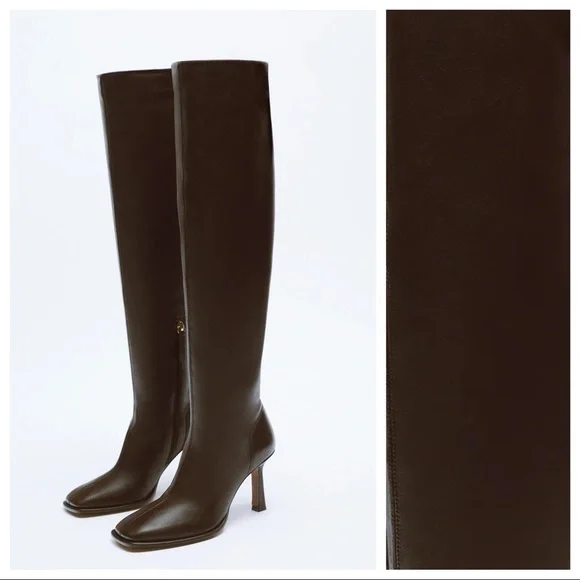 NWT. Zara Brown Long Leather High-Heel Ankle Boots. Size 9. - Picture 2 of 9